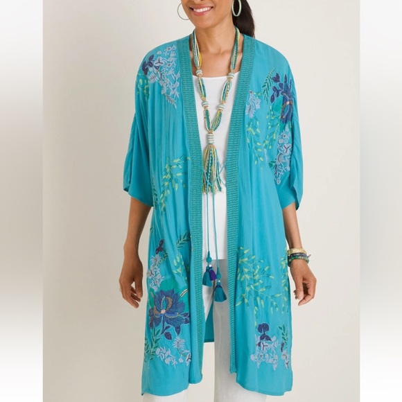 Chico's Special Edition Embroidered Beads Turquoise Ruana Duster S/M Coverup - Picture 1 of 4